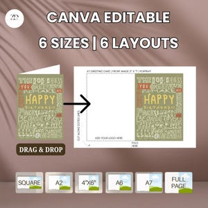 May include: A digital design template for a greeting card with the text "Happy Birthday!!!" and other religious text. The design is available in six sizes and layouts, with a drag and drop feature.