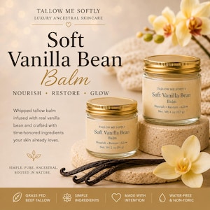 Może przedstawiać: Dwa szklane słoiczki balsamu Soft Vanilla Bean ze złotymi nakrętkami, jeden o wadze 56 g i drugi 113 g. Etykiety zawierają napisy Tallow Me Softly, Soft Vanilla Bean Balm, Nourish, Restore, Glow, Net. Wt 2 oz (56 g) oraz Net. Wt 4 oz (113 g).