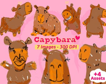 Hand drawn Capybara Illustrations, Cute Capybaras, Flower Capybara Clipart Set, Capybara Lover Gift, Capybara Download Rodent Species, PNG