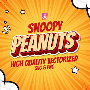Puede incluir: Un gráfico vibrante con las palabras "SNOOPY PEANUTS" en una fuente 3D roja y crema, sobre un fondo de explosión amarillo y naranja. También está presente el texto "HIGH QUALITY VECTORIZED SVG & PNG".