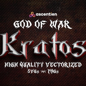 Może przedstawiać: Grafika cyfrowa z napisem "God of War Kratos" w stylizowanej czcionce 3D z czerwonymi i srebrnymi akcentami. Tło to teksturowana, ciemnobrązowa powierzchnia. Obecny jest również tekst "High Quality Vectorized SVGs PNGs".
