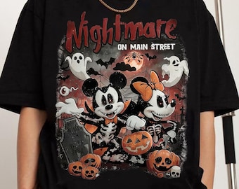 Camiseta de Pesadilla en Main Street, Camiseta retro de Mickey y Minnie para Halloween, Ropa espeluznante de Disney Squad, Regalo inspirado en películas clásicas