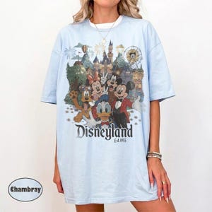 May include: A light blue t-shirt featuring a graphic print of Mickey Mouse, Minnie Mouse, Donald Duck, Goofy, and Pluto in front of a castle and Ferris wheel. The text "Disneyland Est. 1955" is printed below the characters in a dark, stylized font.