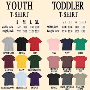 May include: A variety of youth and toddler t-shirts in various colors, including sport grey, black, red, pink, navy, and green. Sizes range from S to XL for youth and 2T to 5-6T for toddlers. Width measurements in inches are provided for each size.