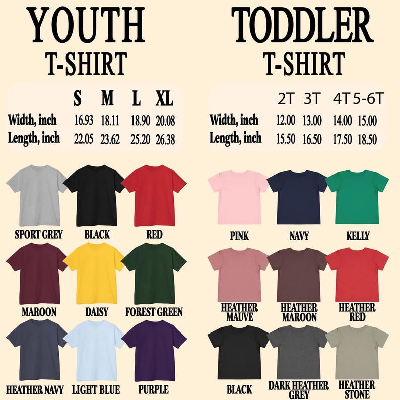 May include: A variety of youth and toddler t-shirts in various colors, including sport grey, black, red, pink, navy, and green. Sizes range from S to XL for youth and 2T to 5-6T for toddlers. Width measurements in inches are provided for each size.