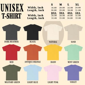 May include: A variety of unisex t-shirts in various colors, including dark heather, black, red, and daisy. The image displays the t-shirts with size measurements in inches, ranging from S to 5XL.