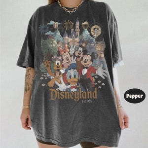 May include: A charcoal gray short-sleeve t-shirt featuring a graphic print of Mickey Mouse, Minnie Mouse, Donald Duck, Goofy, and Pluto in front of a castle. The text reads Disneyland Est. 1955. The shirt has a crew neckline and a relaxed, loose fit.