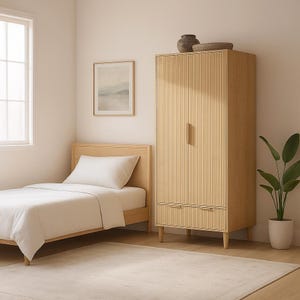 Fluted Oak Wardrobe Armoire: Mid-Century Modern Bedroom Closet