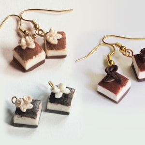 TIRAMISU CAKE EARRINGS Dangles or Studs, Mini Food Jewelry, Tiny Cake, Mother&#39;s Day