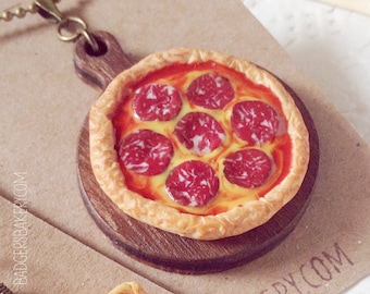 Miniature PIZZA Necklace, Food Jewelry, Whole Pepperoni Pizza on Peel, Custom Toppings