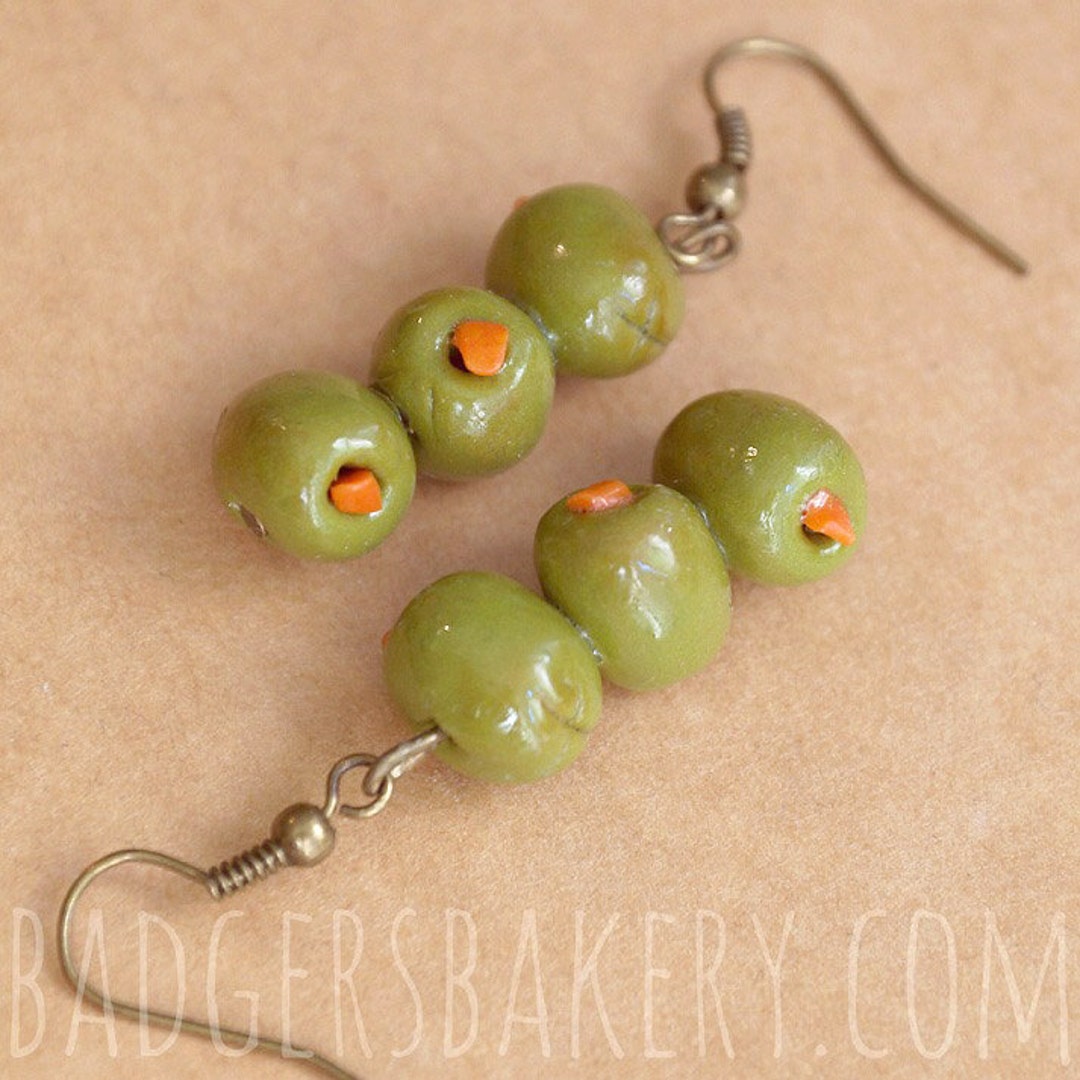 MARTINI OLIVE Earrings, Green Olives Skewer, Cute and Quirky Food