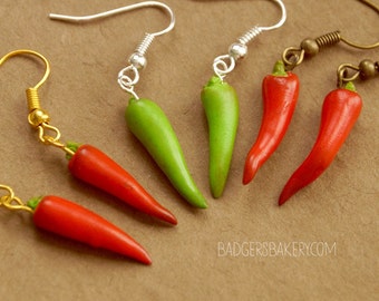 CHILI PEPPER Earrings, Red or Green, Spicy Hot Food Jewelry, Mother's Day