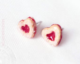 Tiny LINZER COOKIE Studs, Cute Miniature Heart Earrings, Sweet Valentine's Day Jewelry, Mother's Day