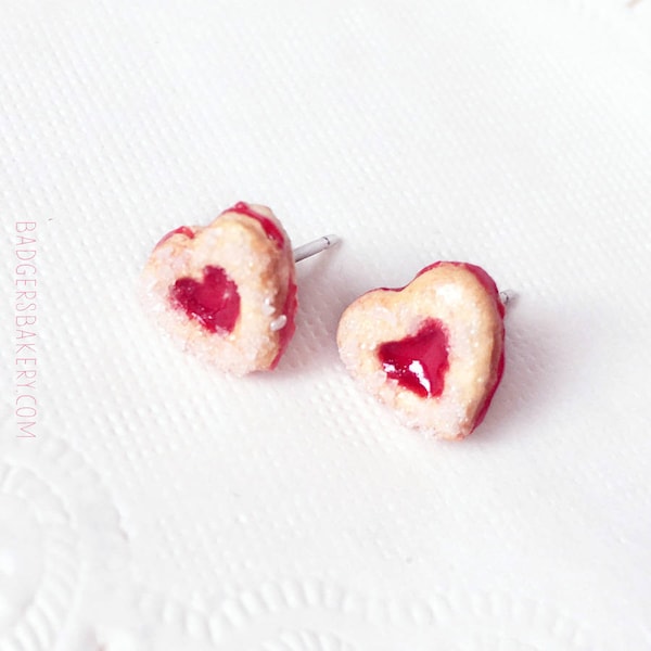 Tiny LINZER COOKIE Studs, Cute Miniature Heart Earrings, Sweet Valentine's Day Jewelry, Mother's Day