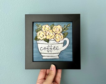 Coffee Mug Art, 5x5 Floral Print, Yellow Rose Artwork, Bookshelf Decor