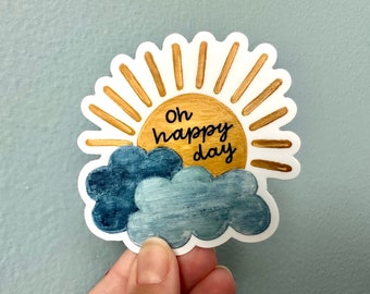 Oh Happy Day Sun Sticker, Summer Sunshine Stickers, Hand Lettered Artwork, Water Bottle Decal