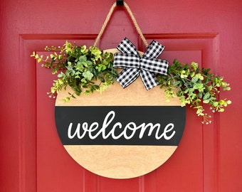 Welcome Door Sign, Custom Wood Door Hanger, Farmhouse Front Porch Decor, Rustic Round Wooden Sign