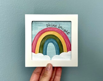 Shine Bright Mini Rainbow Painting, Framed 4x4 Artwork, Bookshelf Art