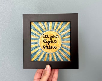 Let Your Light Shine Sun Print, Small Framed Art, Christian Artwork, Bookshelf Decor