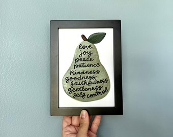 Fruit of the Spirit Art Print, Pear Wall Decor, Bible Verse Artwork, Hand Lettered Scripture Sign