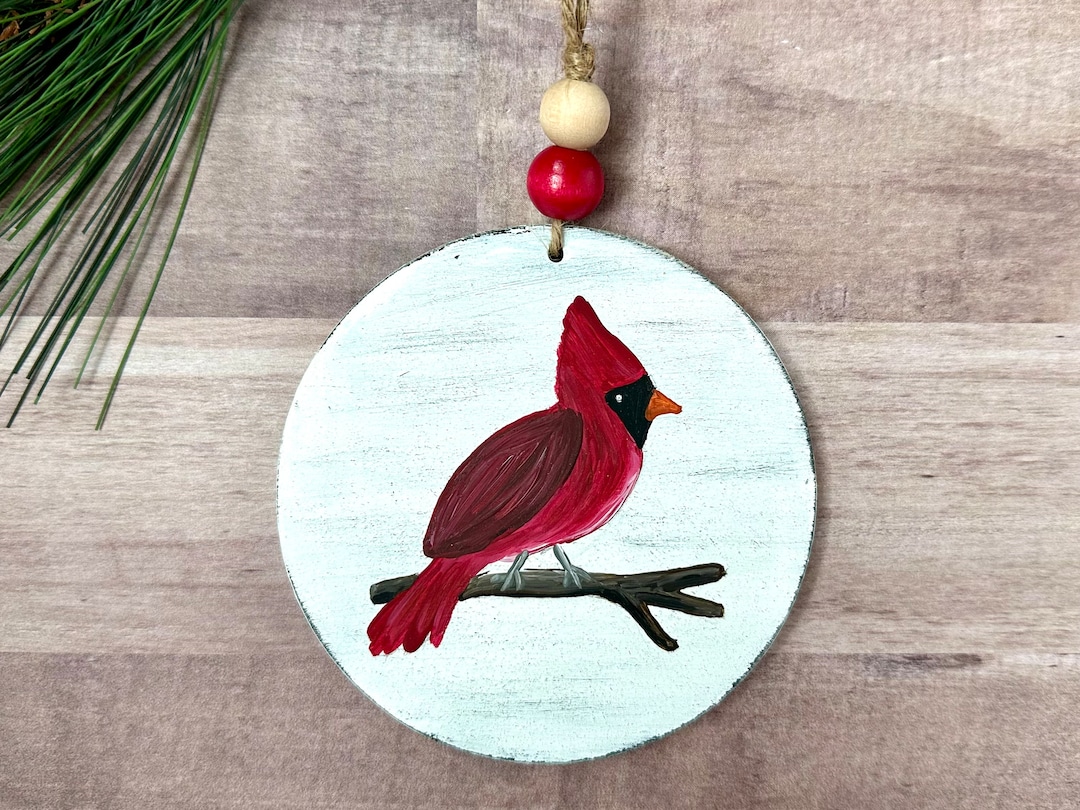 Red Cardinal Ornament, Hand Painted Bird Ornament, Christmas Cardinal