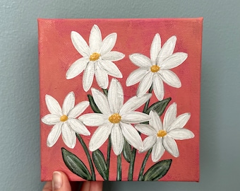 Small Daisy Painting, 6x6 Canvas Art, Pink Floral Artwork, Bookshelf Decor