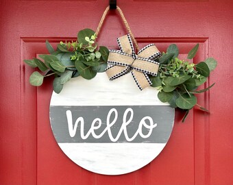 Hello Wood Door Hanger, Front Door Sign, Farmhouse Porch Decor, Custom Hand Painted Sign