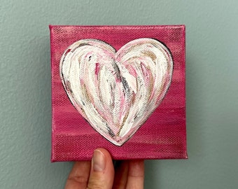 Mini Heart Painting, 4x4 Canvas Art, Abstract Valentines Artwork, Small Shelf Decor