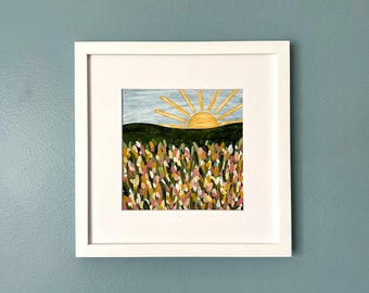 Tulip Landscape Painting, Sun Artwork, 8x8 Framed Spring Art