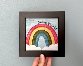 Shine Bright Rainbow Print, Mini Rainbow Artwork, Small Framed Art, Bookshelf Decor