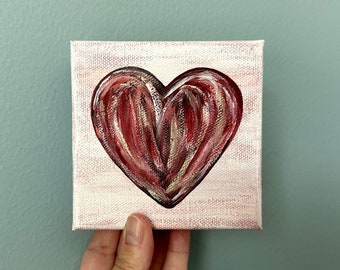 Mini Heart Painting, 4x4 Canvas Art, Abstract Valentines Artwork, Small Shelf Decor