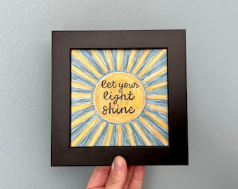 Let Your Light Shine Sun Painting, Mini Sunshine Art, Framed Christian Artwork, Bookshelf Decor