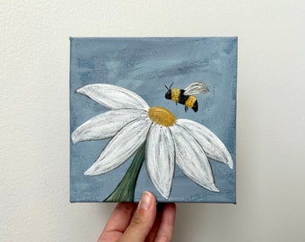 Daisy and Bee Painting, 6x6 Floral Canvas Art, Bookshelf Artwork