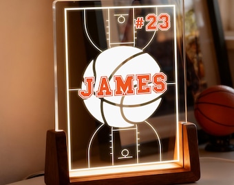 Personalized Ball Acrylic LED Night Light with Wooden Base and Custom Name Number Desk Decor Birthday Christmas Gift for Sports Lovers