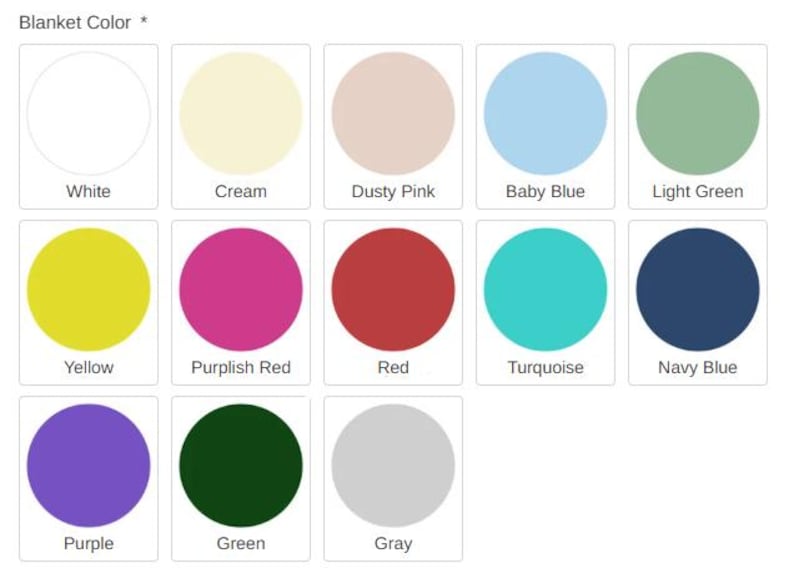 K&ouml;nnte beinhalten: Eine Farbkarte f&uuml;r Decken mit einer Vielzahl von Farben. Die Karte enth&auml;lt Optionen wie Wei&szlig;, Creme, Staubrosa, Babyblau, Hellgr&uuml;n, Gelb, Purpurrot, Rot, T&uuml;rkis, Marineblau, Lila, Gr&uuml;n und Grau.