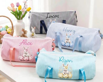 Personalisierte Aquarell Bogen Häschen Osterei Gestreifte Leinwand Große Kapazität Reisetasche, Benutzerdefinierte Name, Frühlingsferien Tasche, Geschenk für Kinder