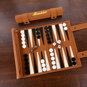 Personalized Leather Backgammon Set | Handmade Roll-Up Travel Board Game | Custom Name | Gift for Men | Game Night | Traveller Gift Box