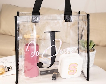 Personalized Clear Waterproof Name Initial Unisex Tote Bags Clear Stadium Bag Concert Bag, Game Day Tote Custom Bridesmaid Proposal Gift
