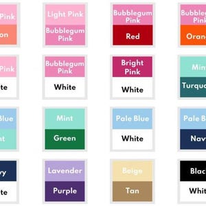 May include: A collection of color swatches, each featuring two or three color blocks with text labels. Colors include light pink, melon, red, orange, mint, turquoise, navy, lavender, beige, and black. The text labels identify each color.