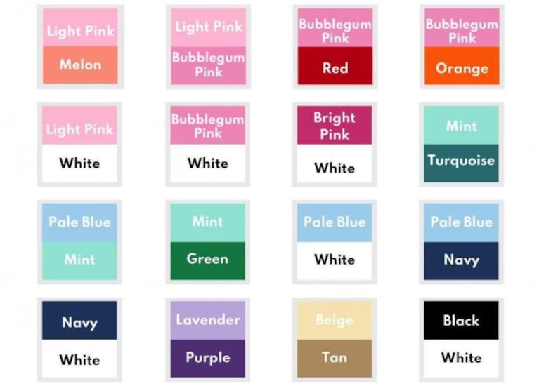 May include: A collection of color swatches, each featuring two or three color blocks with text labels. Colors include light pink, melon, red, orange, mint, turquoise, navy, lavender, beige, and black. The text labels identify each color.