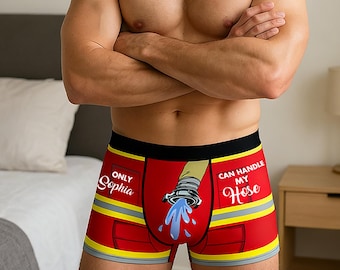 Caleçon personnalisé personnalisé pour hommes, conception de pompier, nom personnalisé, cadeau d'anniversaire de la saint-valentin pour mari, petit ami