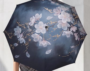 Sakura Cherry Blossom Japanese Umbrella, Gold Kintsugi Rain Parasol, Elegant Japandi Navy Aesthetic Gift