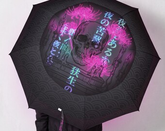 Cyberpunk Skull Umbrella with Neon Lycoris, Harajuku Streetwear Gothic Rainy Day Gear, Japanese Synthwave Art Folding Umbrella