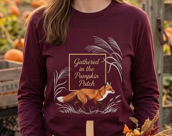 Japandi Autumn Fox Long Sleeve Shirt, Matching Family Fall T-Shirt, Thanksgiving Couples Graphic Tee, Gathered Pumpkin Patch Mom