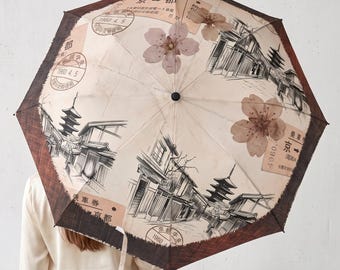 Kyoto Japan Umbrella, Vintage Japandi Art Rain Umbrella, Retro Japanese Sketch with Sakura, Semi Automatic Compact Folding Travel Umbrella