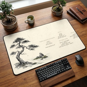 Zen Bonsai Desk Mat | Programmer Cheat Sheet Mouse Pad | Python & Git Commands | Minimalist Office Decor | Software Engineer Gift