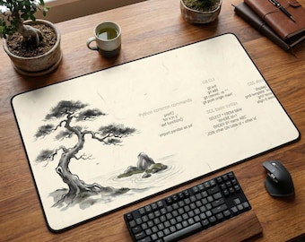 Zen Bonsai Bureaumat | Muismat met spiekbriefjes voor programmeurs | Python- en Git-commando's | Minimalistische kantoordecoratie | Cadeau voor software-engineers