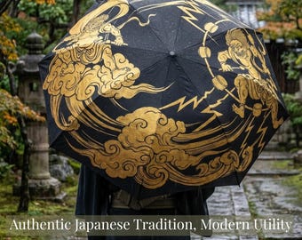Japanese Wind & Thunder Gods Umbrella, Fujin Raijin Art, Golden Mythology Gift, Storm Decor, Unique Mens Rain Gear, Traditional Folklore