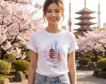 Tokyo Japan T-shirt | Aquarel kersenbloesem T-shirt | Japanse pagode en toren kunst | Harajuku stijl shirt | Cadeau voor mama