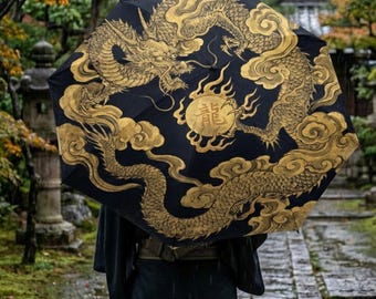 Japanese Golden Dragon Umbrella, Ryu Kanji Art, Mystical Cloud Design, Aesthetic Mythology Gift, Unique Mens Rain Gear, Black & Gold